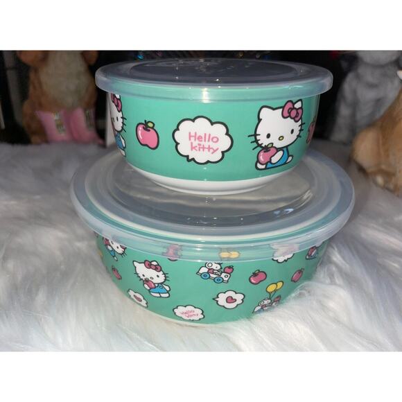 HTF Hello Kitty Set of 2 Ceramic Food Storage Bowls Vented Lid Pastel Apples SML - Picture 4 of 8